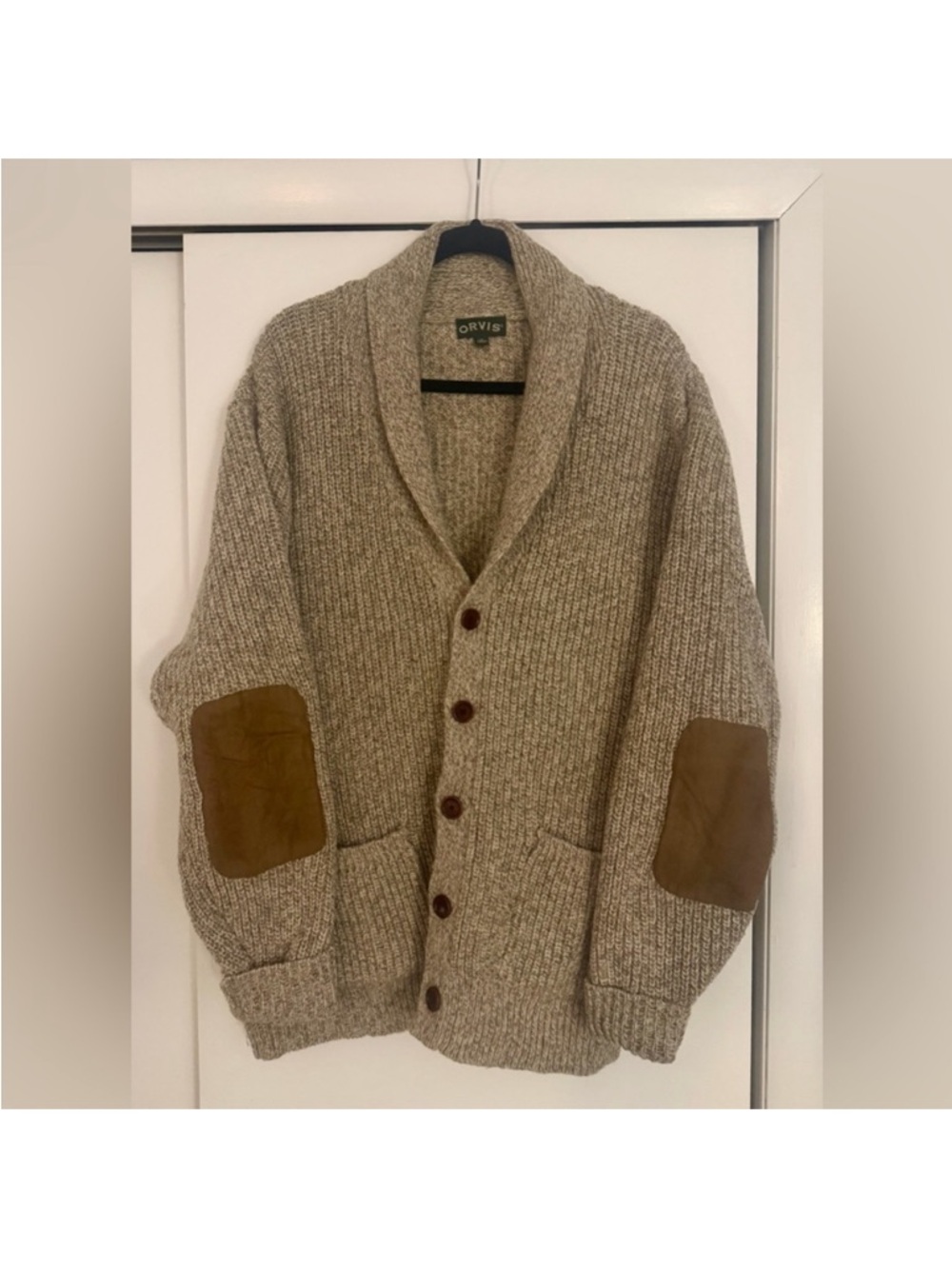 Orvis Men's Shawl Collar Cardigan Sweater - Beige with Brown Elbow Patches
